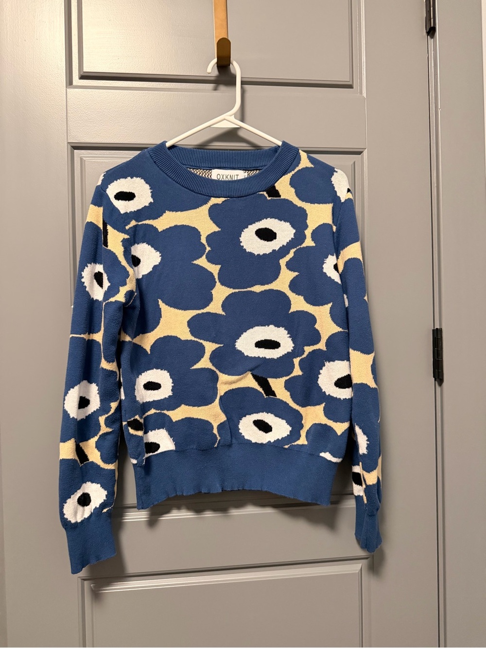 OXKnit Women’s Blue Floral Abstract Crewneck Sweater XL